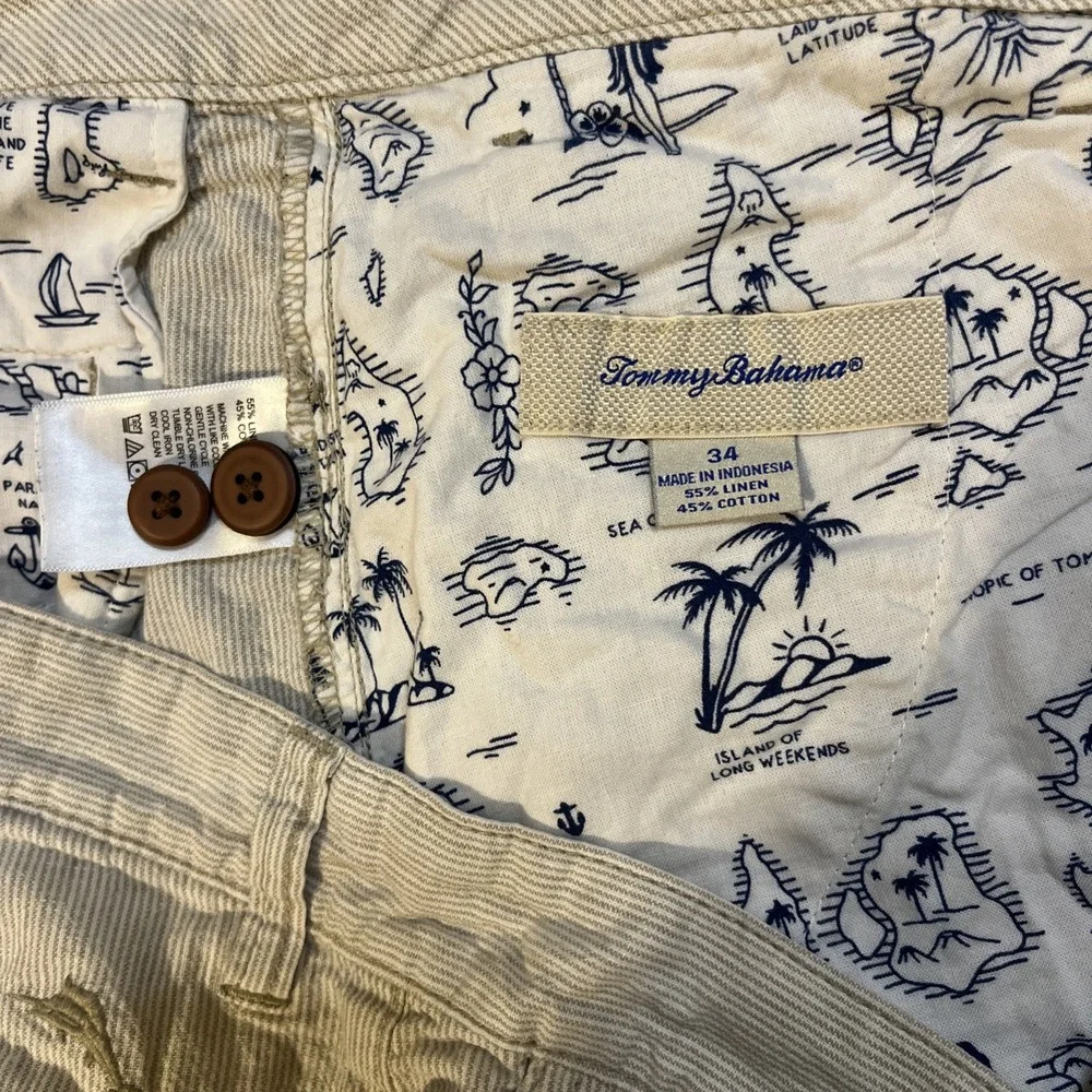 Tommy Bahama Stripe City Shorts Men's 34 Linen Cotton Blend Tan Beige vacation